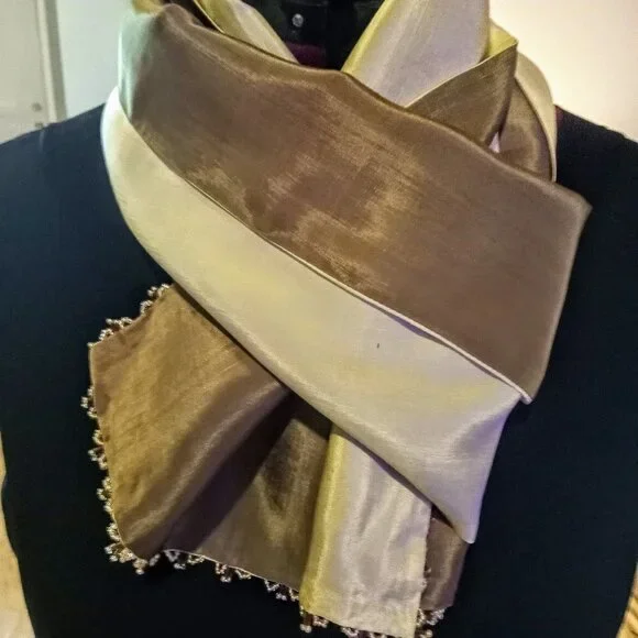 Double-Sided Brown/Beige Beaded Silk Oblong Scarf